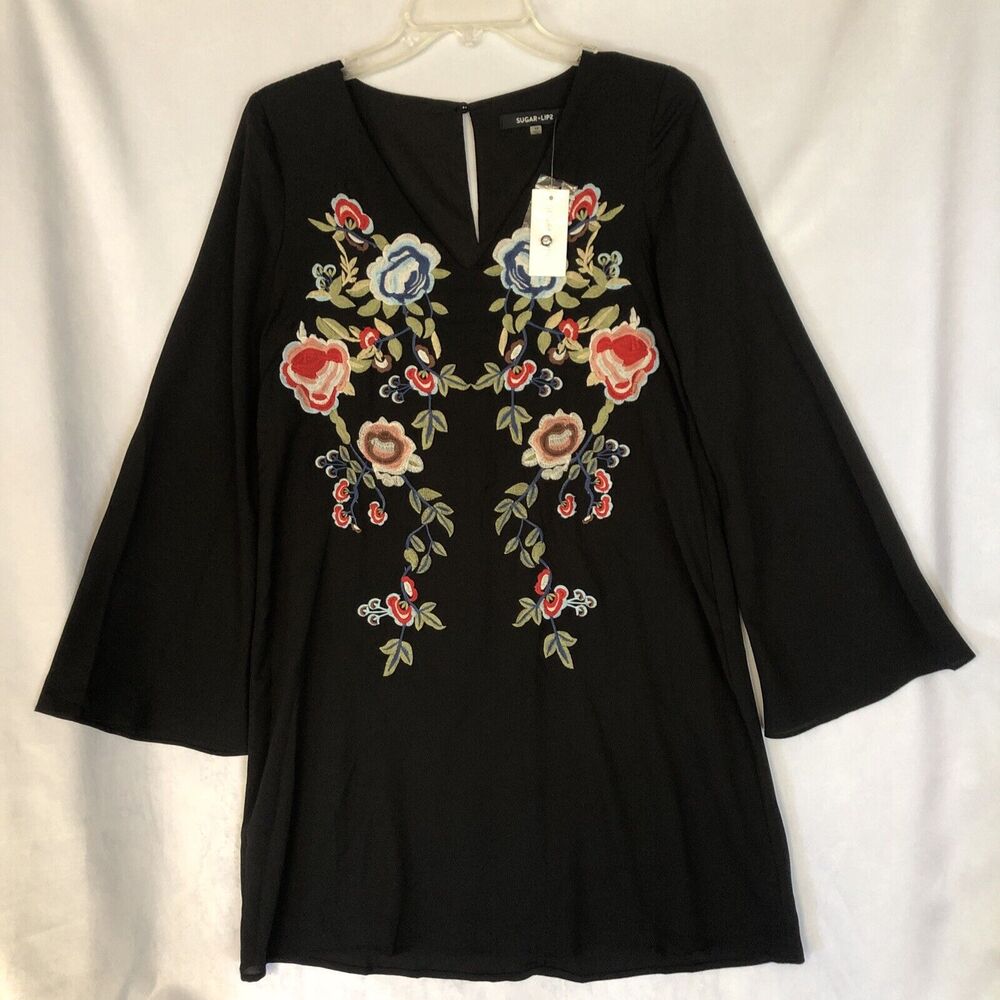 NWT Sugar + Lips Black Sheath Boho Dress, Long-Sleeve Floral Embroidery Size XS